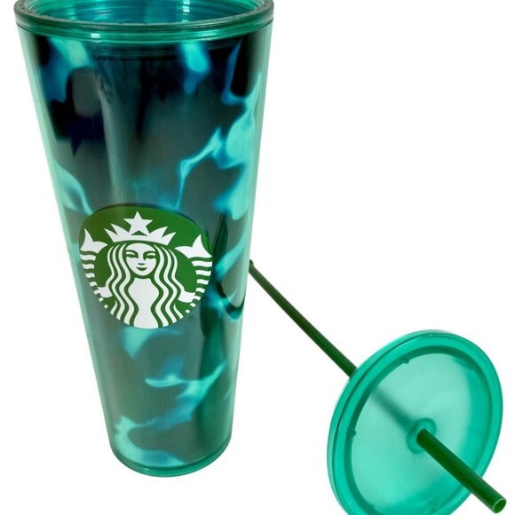 Starbucks Teal Turquoise Green Blue Wave Tumbler Traveler Cold Cup 24oz Venti - Picture 2 of 6